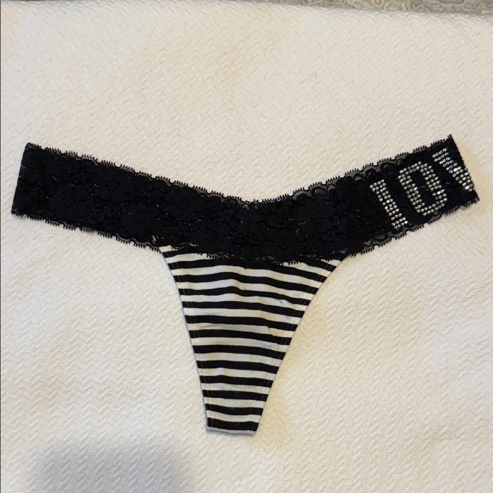 NWOT PINK Victoria's Secret Black and White Striped Panties, Size L